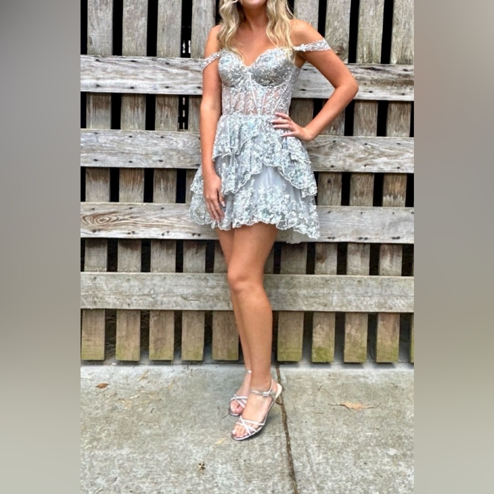 Sherri Hill Silver Strapless Lace Dress